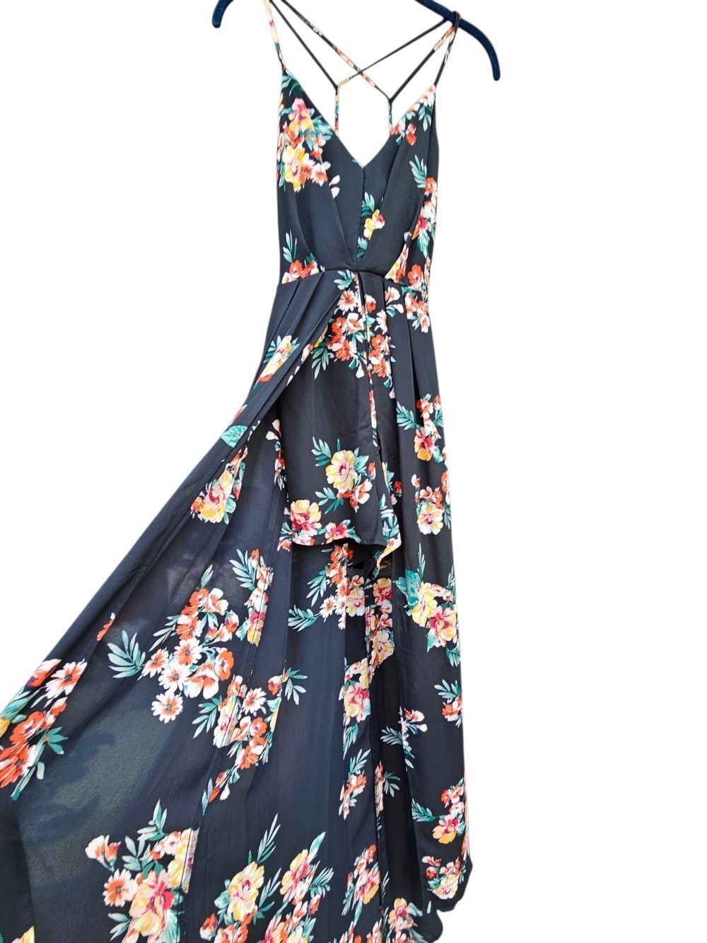 Lush Floral Maxi Skirt Romper Skort Dress V-Neck Black